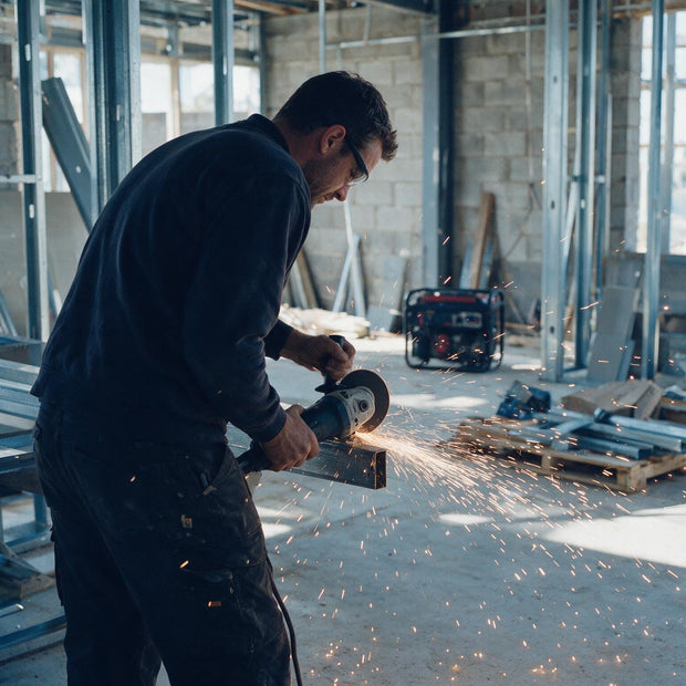 Handwerker mit Winkelschleifer auf Baustelle, Stromerzeuger im Hintergrund
