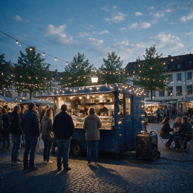 Beleuchteter Food Truck auf einem Abendmarkt, versorgt von einem Stromerzeuger