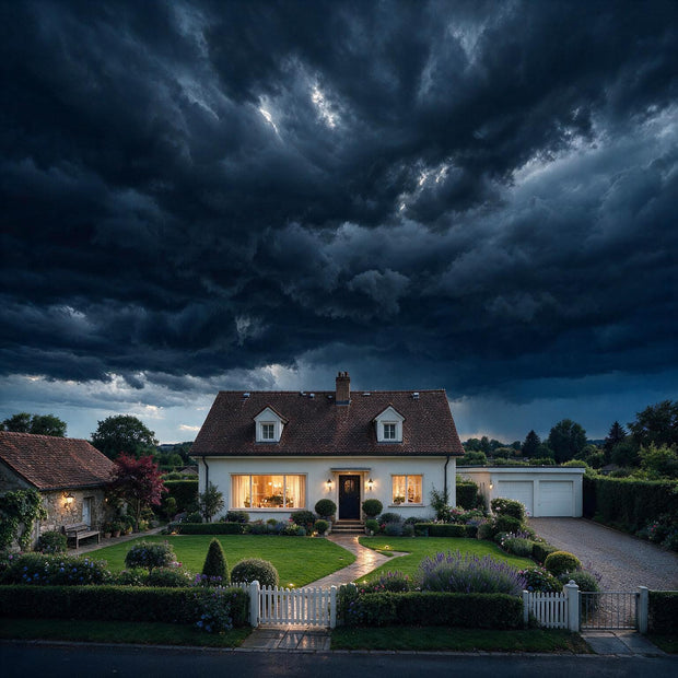 Einfamilienhaus mit warm erleuchteten Fenstern unter aufziehendem Gewitter