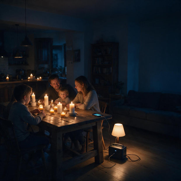 Familie bei Stromausfall am Küchentisch – Powerstation betreibt Lampe und lädt Smartphone