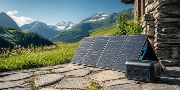 Faltbares Solarpanel mit Powerstation auf Terrasse vor Alpenkulisse